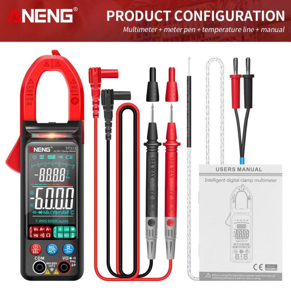(red, standard) Aneng St212 Dc/ac Current Digital Clamp Meter 6000 Counts 400a Amp Multimeter Large Color Screen Voltage Tester Car Hz Ncv Ohm