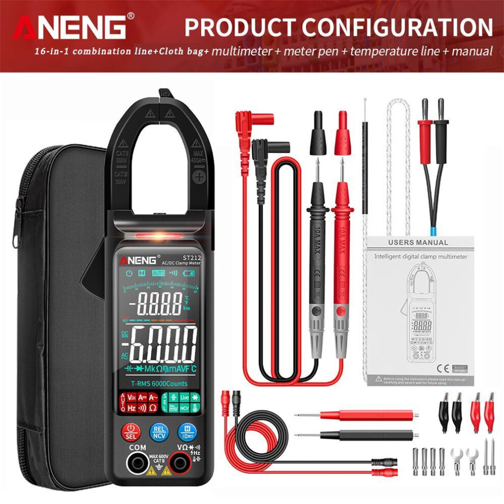 (black, pro) Aneng St212 Dc/ac Current Digital Clamp Meter 6000 Counts 400a Amp Multimeter Large Color Screen Voltage Tester Car Hz Ncv Ohm