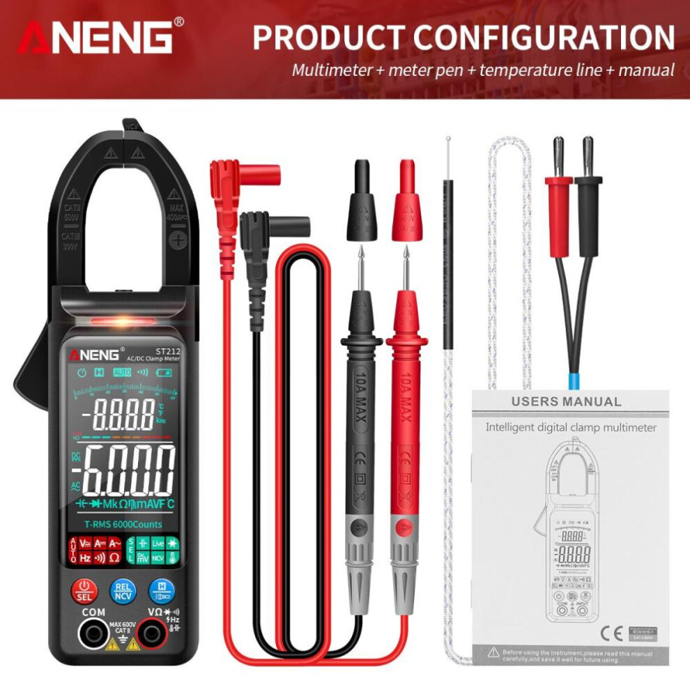 (black, standard) ANENG ST212 DC/AC Current Digital Clamp Meter 6000 Counts 400A Amp Multimeter Large Color Screen Voltage Tester Car Hz NCV Ohm