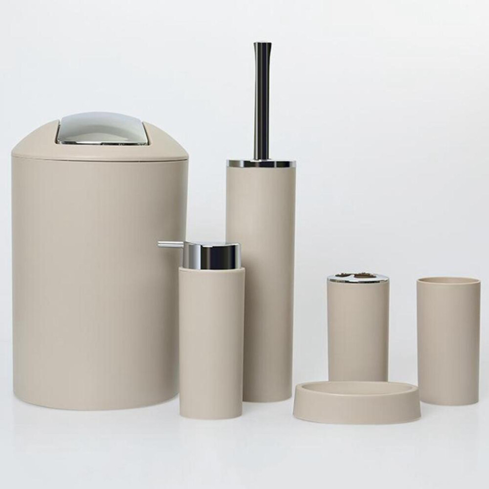 (beige) 6pcs Bathroom Accessories Set  Tumbler, Toothbrush Holder, Lotion Dispenser, Soap Dish, Trash Can, Toilet Brush