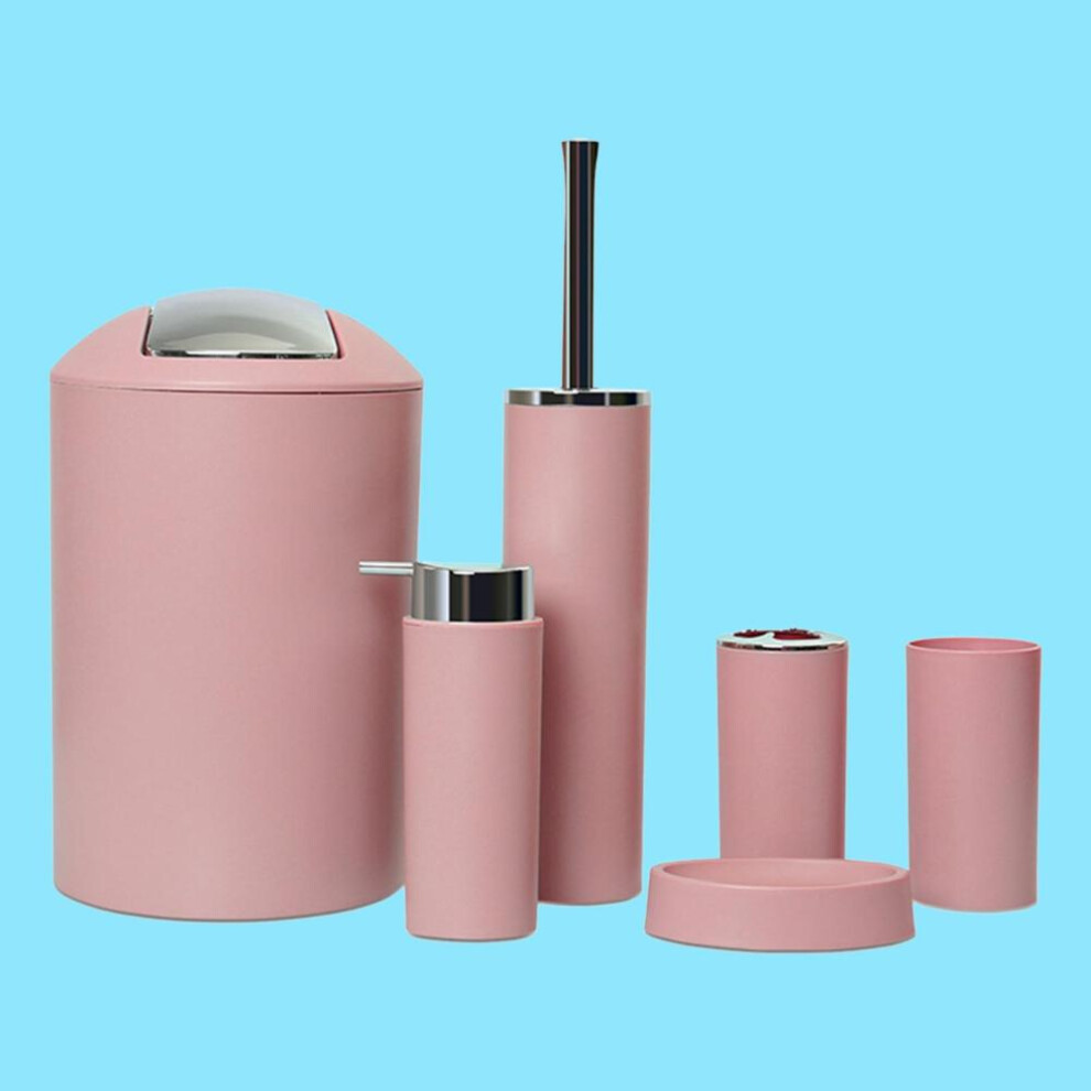 (pink) 6pcs Bathroom Accessories Set  Tumbler, Toothbrush Holder, Lotion Dispenser, Soap Dish, Trash Can, Toilet Brush