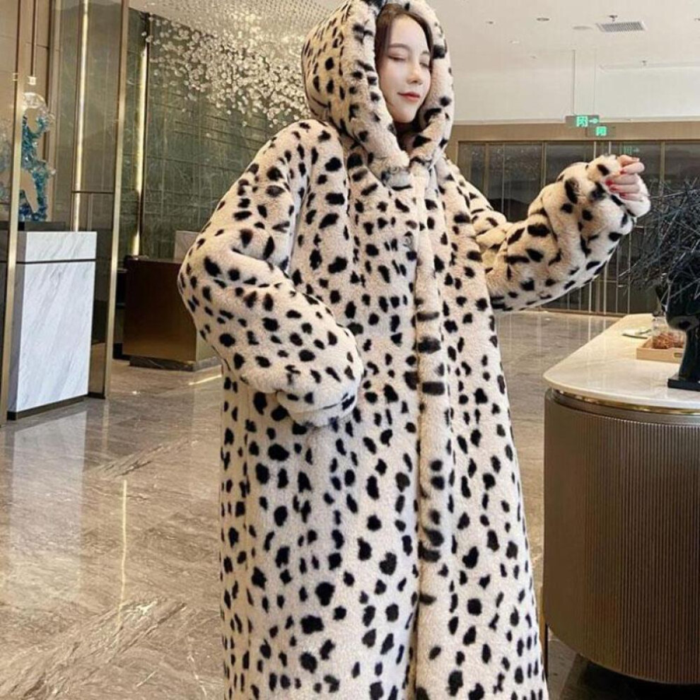 (as the picture, S) Faux Fur Jacket Winter Ladies Fashion Leopard Print Hooded Thick Warm Mid-length Fur Coat