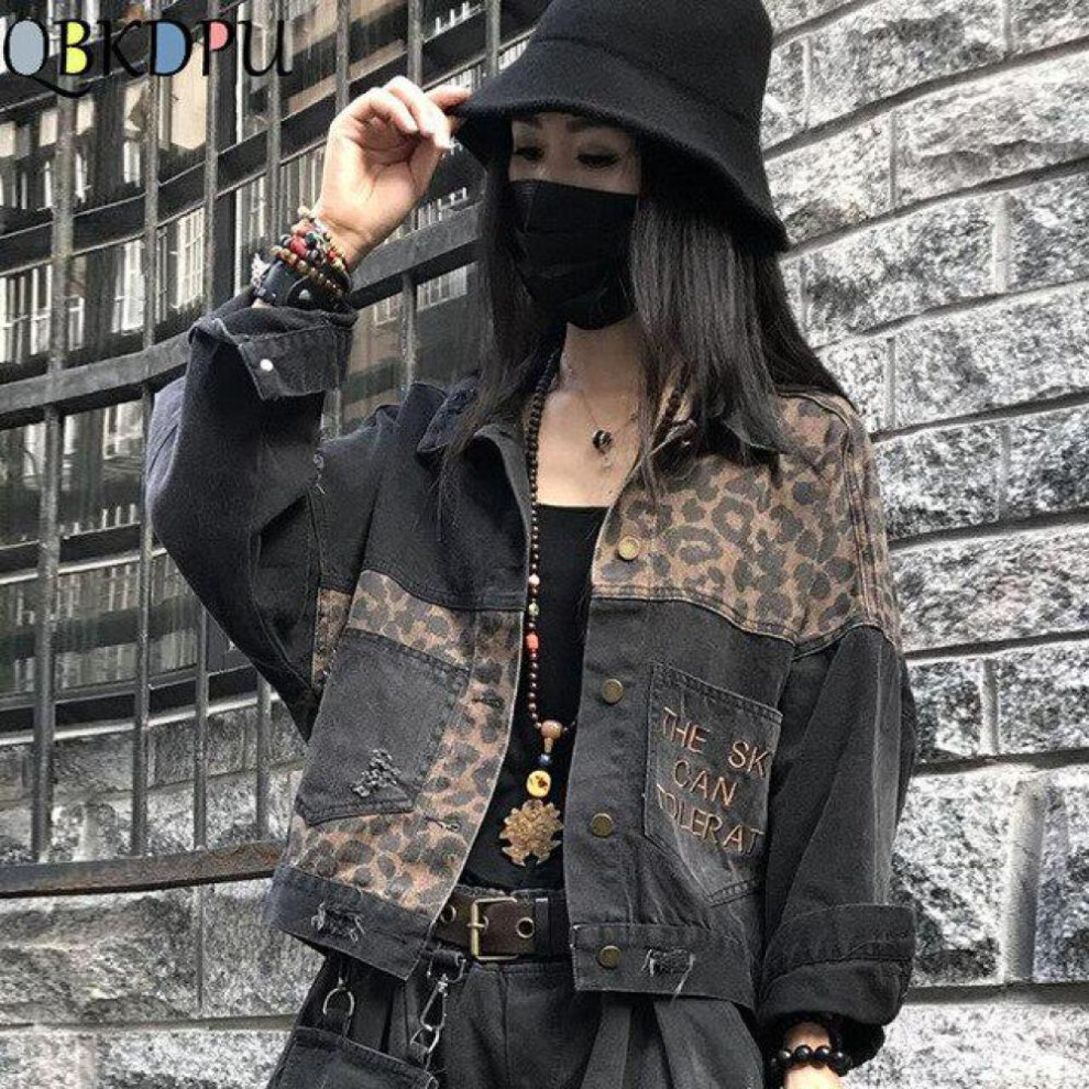 (black, XL) Vintage Black Leopard Women Denim Jacket Spring Harajuku Punk Jean Jackets Coat Boyfriend Loose Pocket Fashion Streetwear