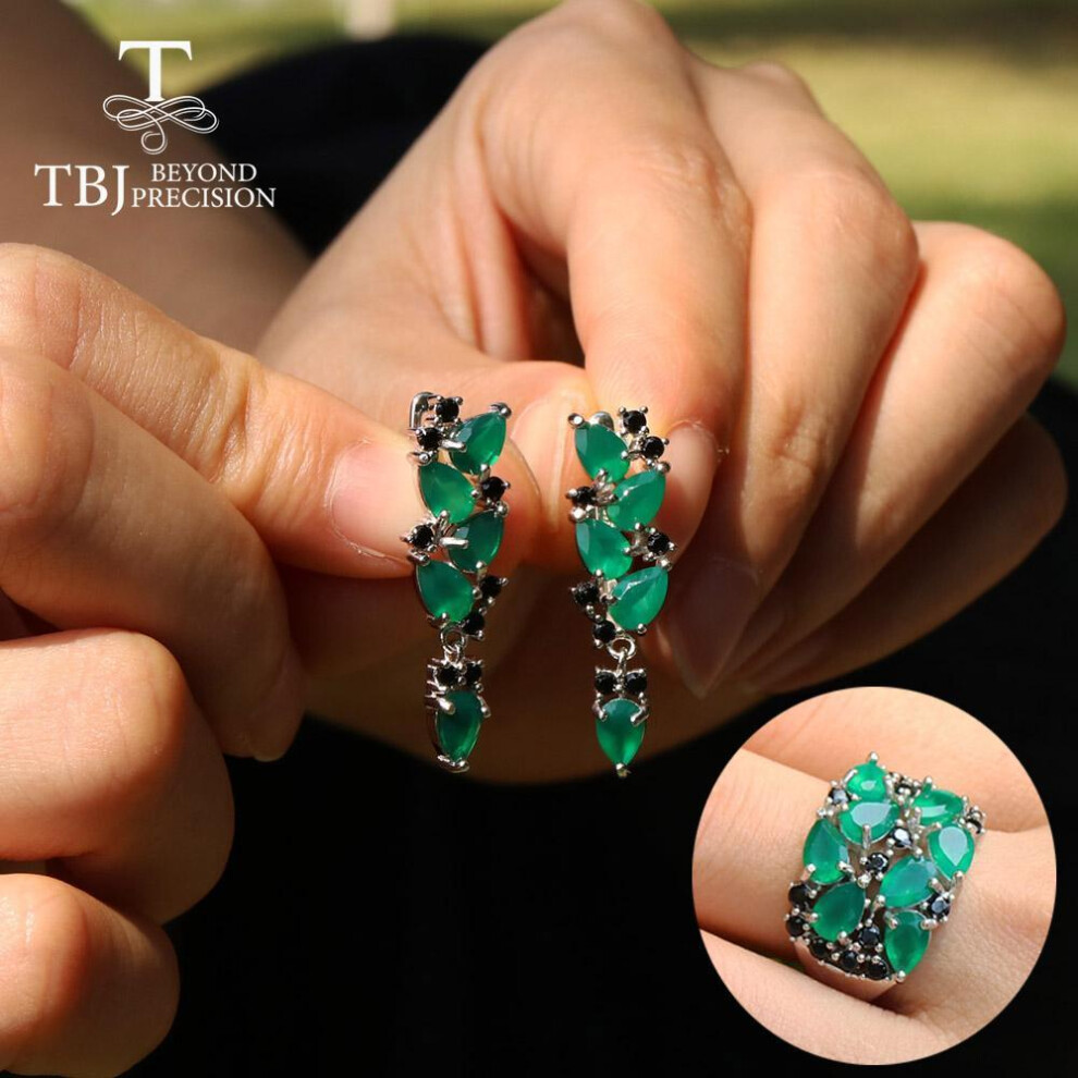 (green, us ring size 7#) Charming Jewlery set natural Green agate rings earring 925 sterling silver for women wife luxury design anniversary party gift