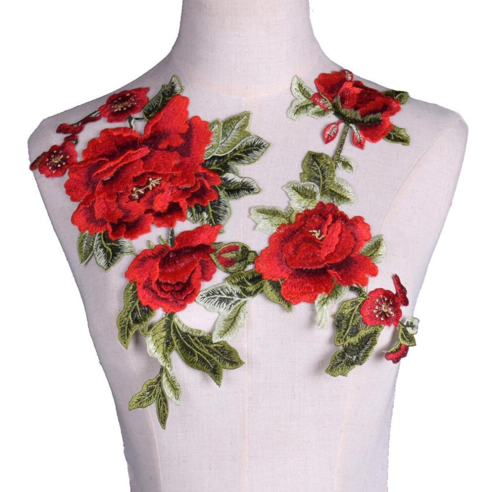 (red) 2pcs/set Rose Flower Embroidery Patches Applique Embroidery Sew On Clothes La Ropa Applique