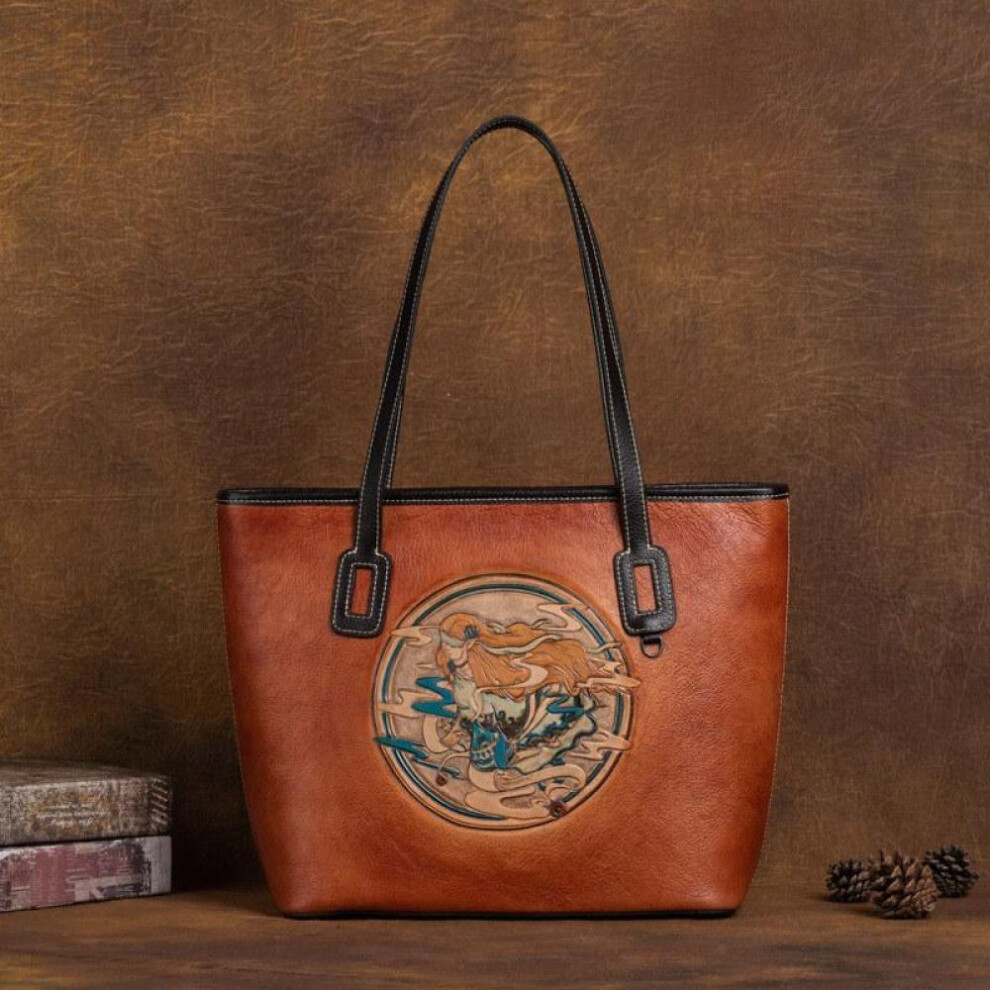 (brown, 38*28.5*12cm) Totem Embossing Vintage Design Women Handbags Genuine Leather Shoulder Bags For Ladies Brand Fashion Tote Bag