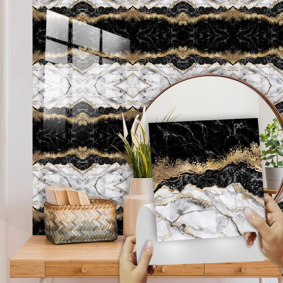 (10cmX10cmX10pcs) 10pcs Black And White Marble Tiles Sticker Kitchen Backsplash Tv Sofa Background Wall Oil-proof Peel & Stick Art Wall Decals