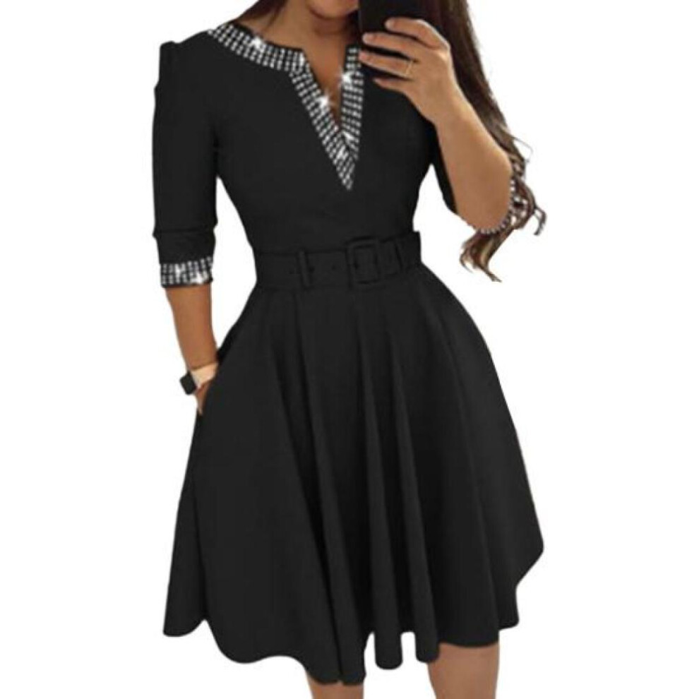 (black, 2XL) Elegant Women Mini Dress V-neck Sleeve With Belt Rhinestones Short Dress Pockets Swing Hem Party Dress