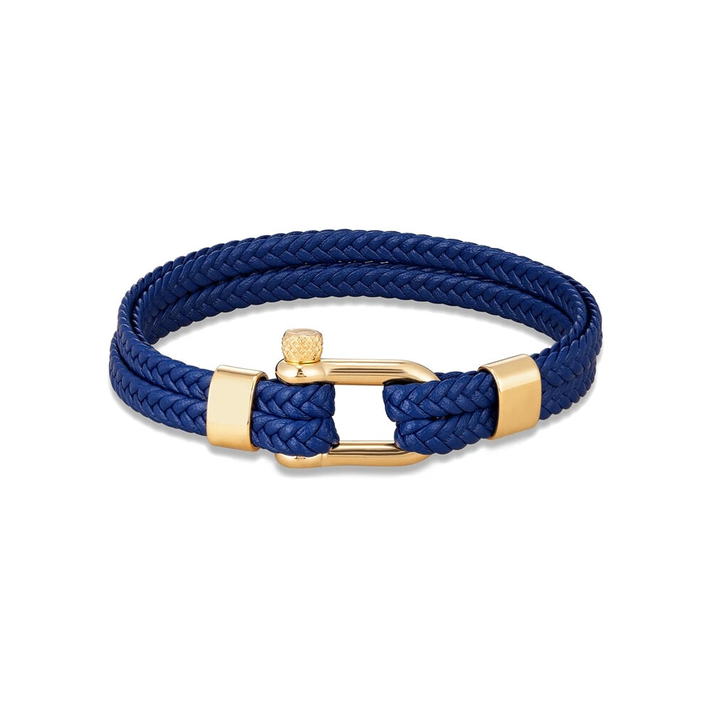 (23cm, Gold Blue) Navy Style Men U shape Shackle Woven Multilayer Leather Bracelets