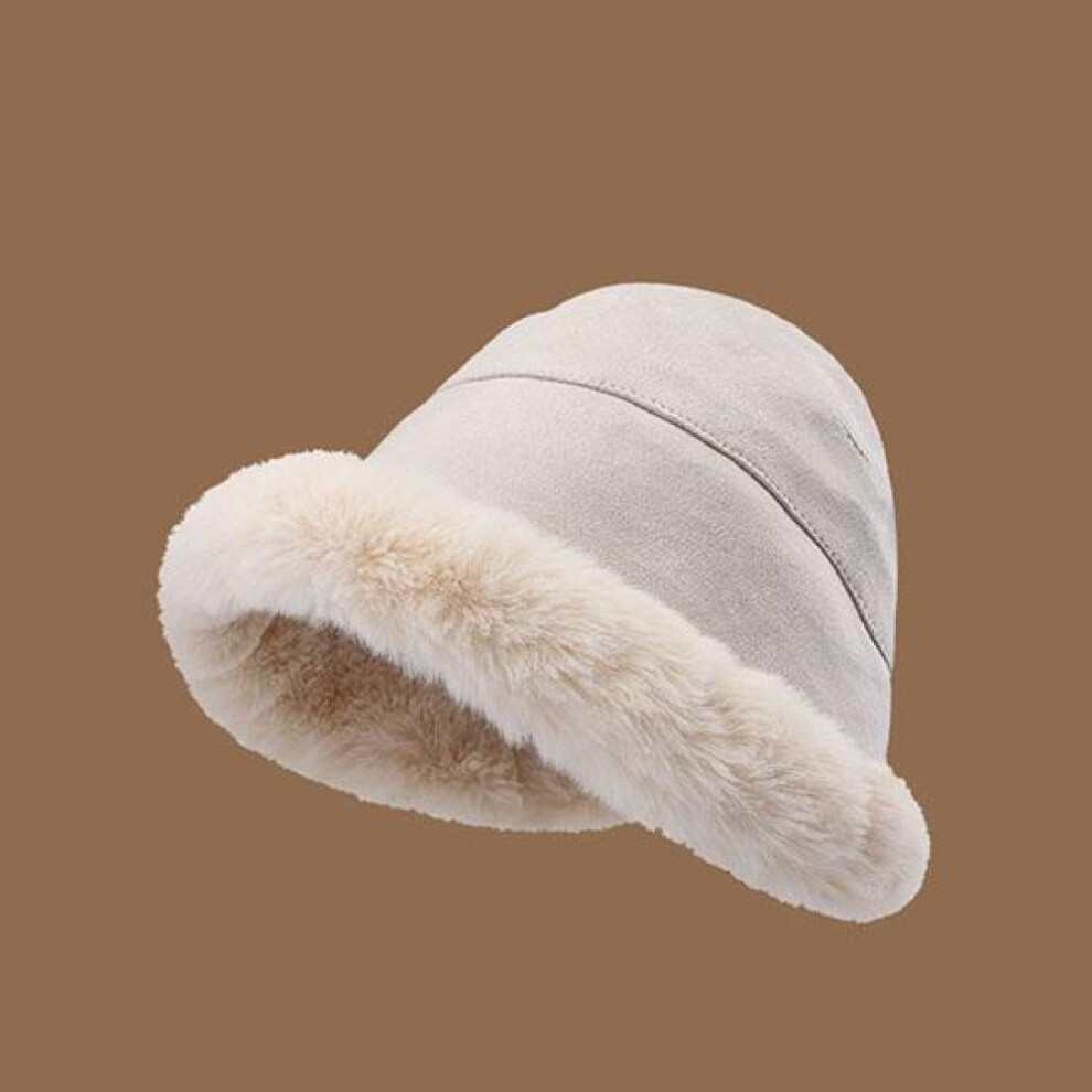 (beige) Autumn Winter Bucket Hat For Women Thickened Warm Wool Cap Dome Wide Brim Hat Soild Color Windproof Hat Clothes Accessories