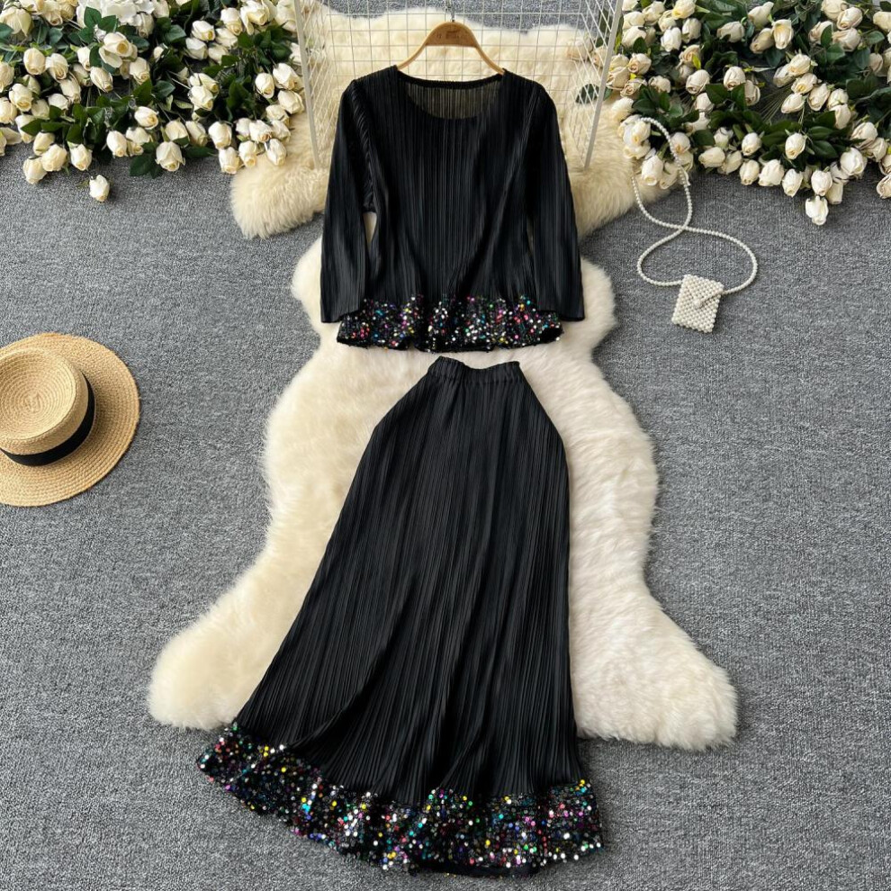 (black, One Size) Chic Two Pieces Sets Sexy O Neck Three Quarter Sequin Embroider Blouse With Fashion Full Skirt Summer Sweet Vacation Sets