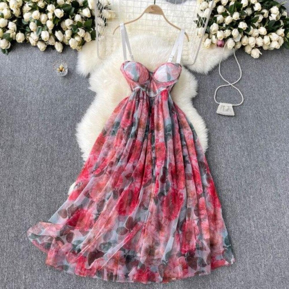 (pink, M) New Fashion Summer High-end Print Beach Vacation Vestidos Women&apos;s V-neck Sexy Corset Long Midi Boho Dresses