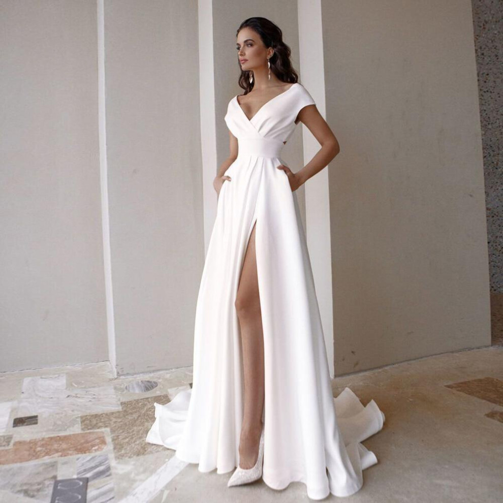 (white, XL) V-neck Wedding Dress Fashion Short Sleeve Sweep Train Slit A Line Bridal Gown With Pockets