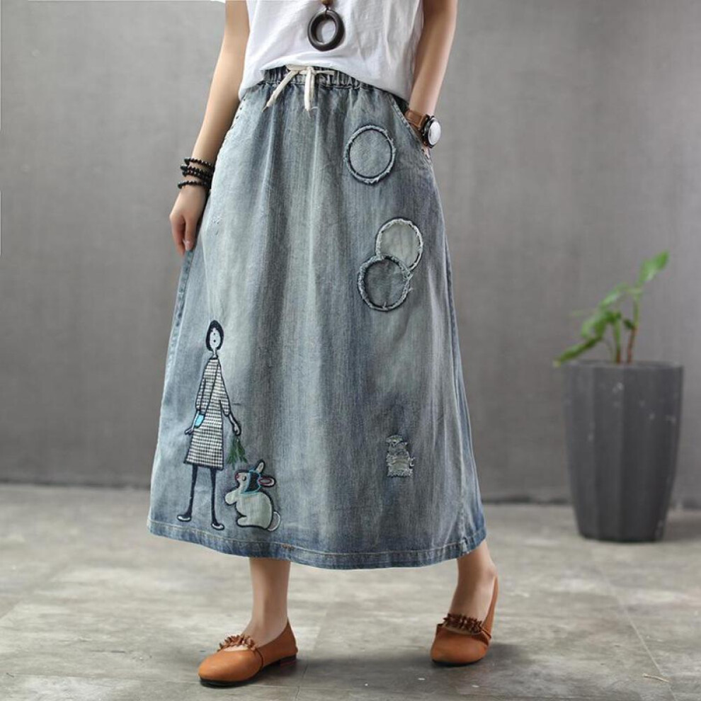 (light blue, L) Plus Size Cartoon Embroidery Denim Skirts Women Vintage Art Ripped Oversized Female Elastic High Waist Long Maxi Jeans Skirt