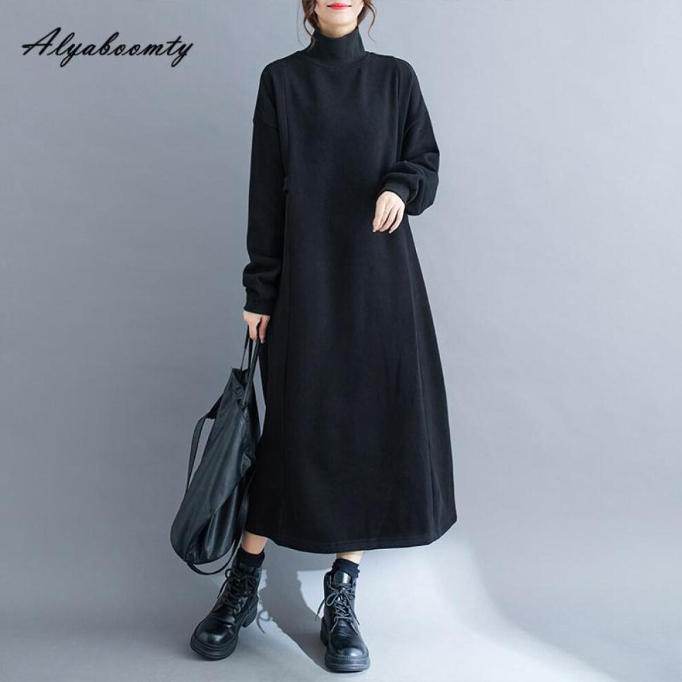(black, XL) Korean Fashion Plus Size Autumn Winter Women Warm Midi Knitting Dress Turtleneck Black Brown Fleece Dress Long Sleeve Casual Loose Dress With Pockets