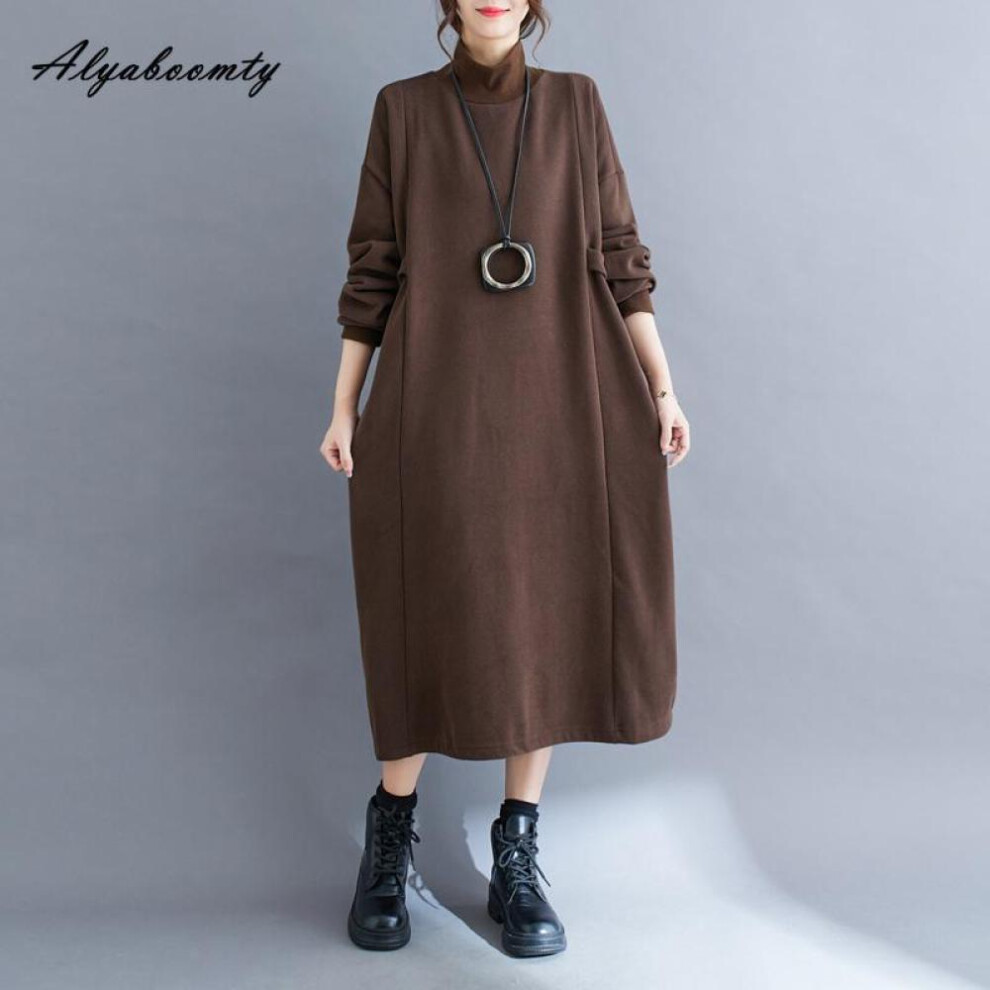 (as the picture, L) Korean Fashion Plus Size Autumn Winter Women Warm Midi Knitting Dress Turtleneck Black Brown Fleece Dress Long Sleeve Casual Loose Dress With Pockets