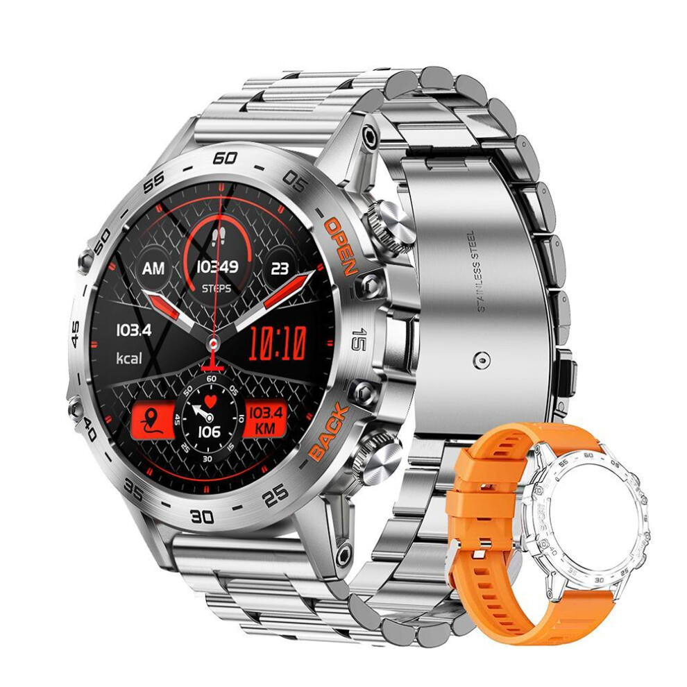 (orange,silver, Steel belt + silicone bel) 2023 Smart Watch Men Bluetooth Call 24h Heart Rate Watches Sports Fitness Tracker Smartwatch For Android Ios 400mah