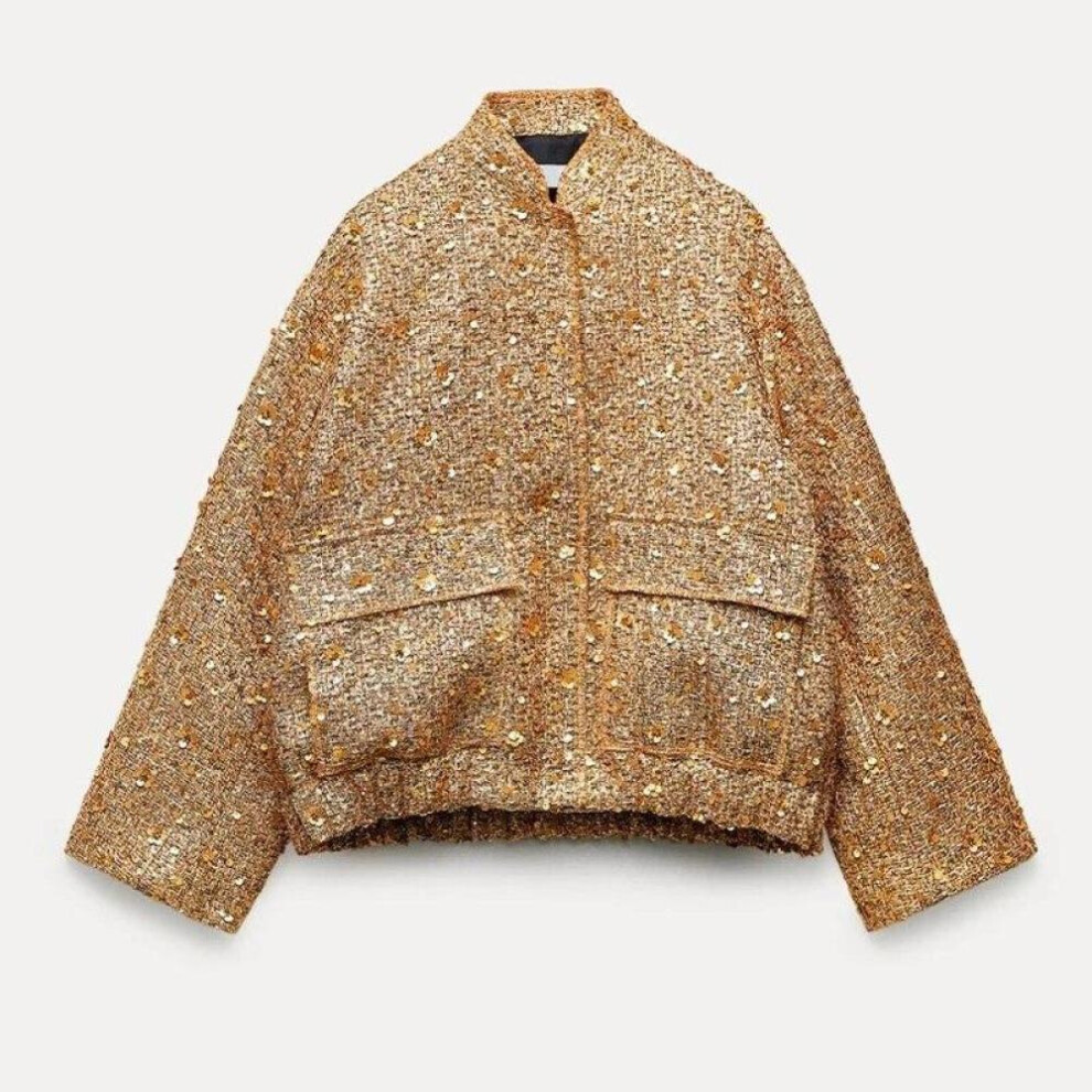 (as the picture, M) Sequin Shiny Stand Collar Jacket For Women 2023 Fall Winter Long Sleeve Gold Casual Loose Female Coats Chic Pocket Fashion Streetwear Vintage Coat