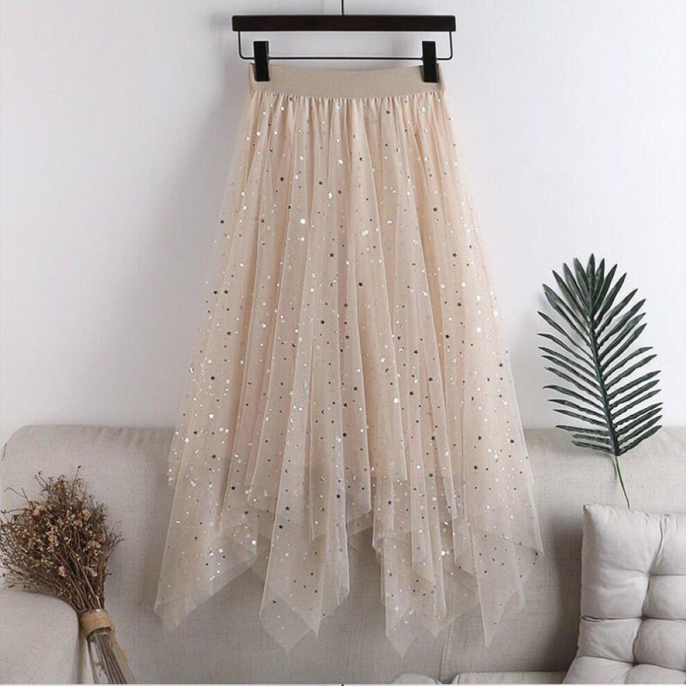 (beige, One Size) Qooth Women Fairy Star Sequins Mesh Tutu Skirt Shiny Elastic Waist Long Tulle A-line Skirt Qt2298