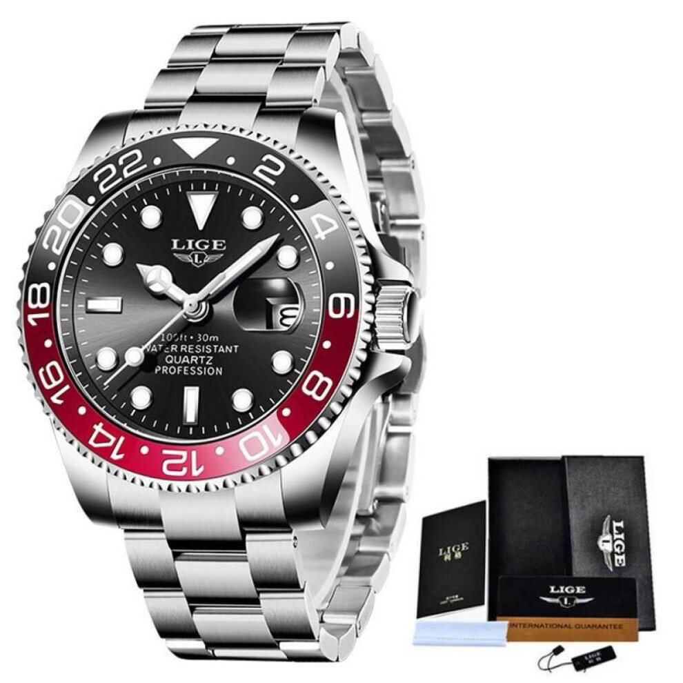 (black,red) Lige Fashion Business Mens Watches Waterproof Auto Date Watch Military Men&apos;s Watch Stainless Steel Sport Men Wrist Watches