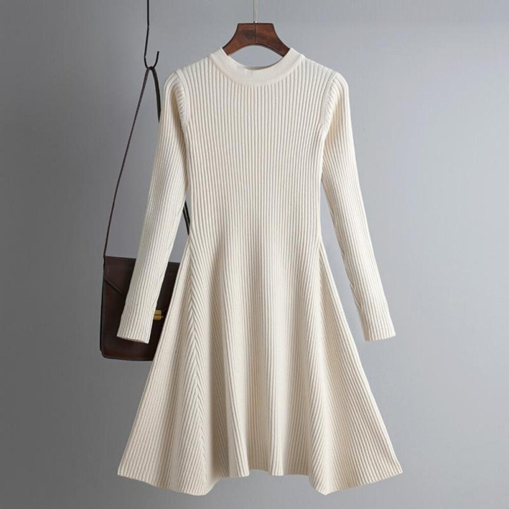 (apricot, One Size) Women Short Knitted Sweater Dress Casual Full Sleeve O Neck High Waist Slim Bottom Leisure Black Blue Brown Apricot