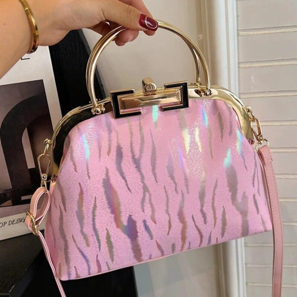(pink) New Retro Women&apos;s Lock Chic Handbags Evening Clutch Designer Brand Lady Shoulder Bags Shell Clip Black White Pink Crossbody Bag