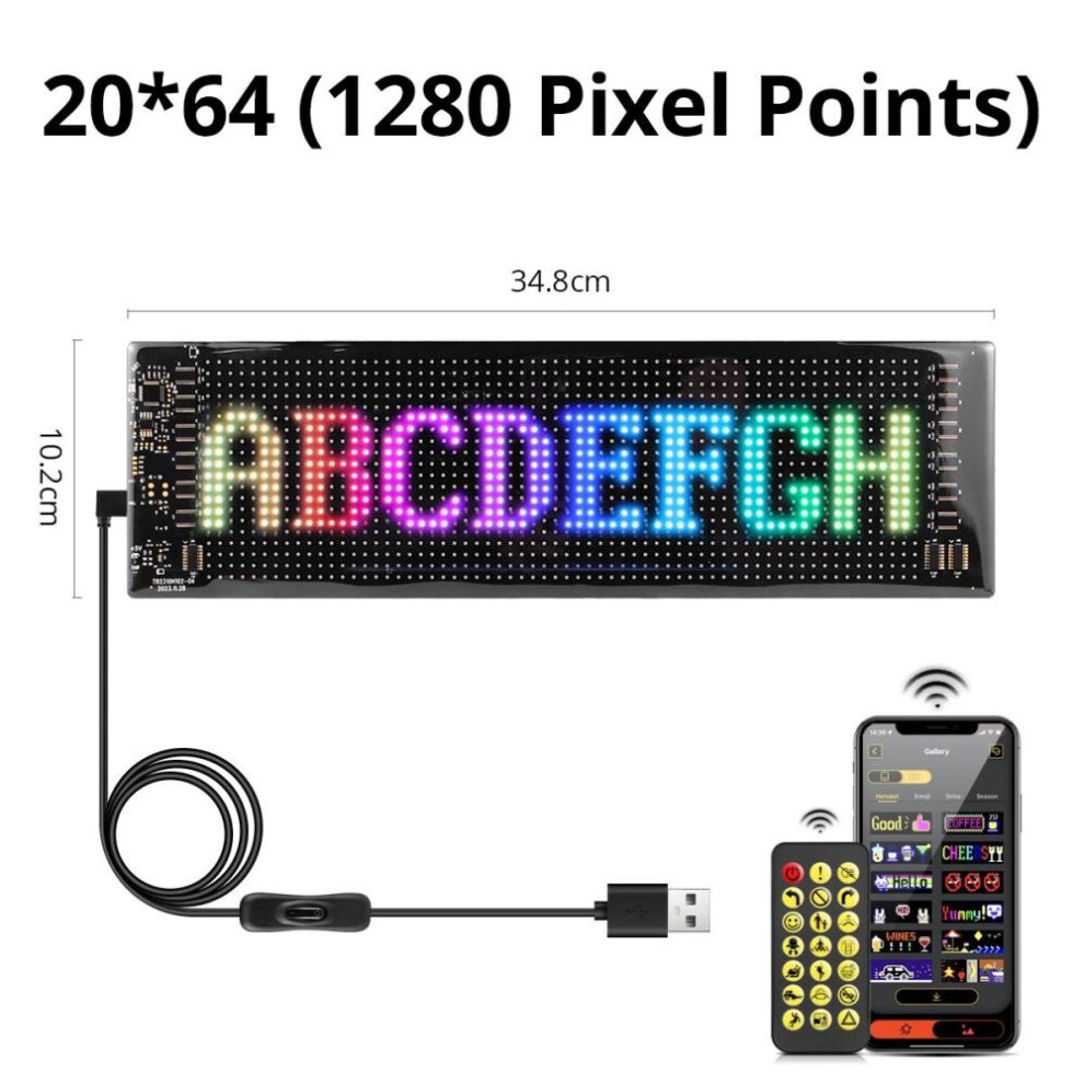 (20*64LEDs) Scrolling Advertising Led Sign Usb 5v Bluetooth App Control Logo Light Custom Text Pattern Animation Programmable Display Car