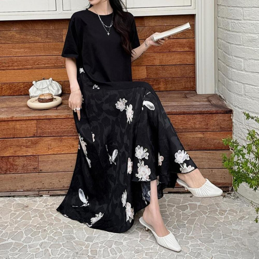 (black, 2XL) Summer Women&apos;s Dress Long Plus Size Patchwork Jacquard Chinese Style Short Sleeve Dresses