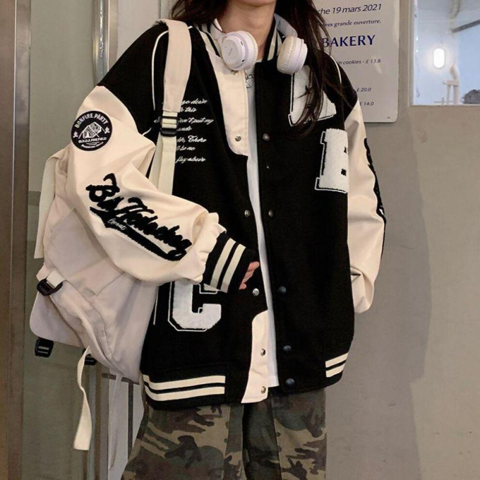 (black, M) Vintage Bomber Jacket Women Harajuku Fashion College Uniform Varsity Baseball Jackets Female Oversized Streetwear Y2k