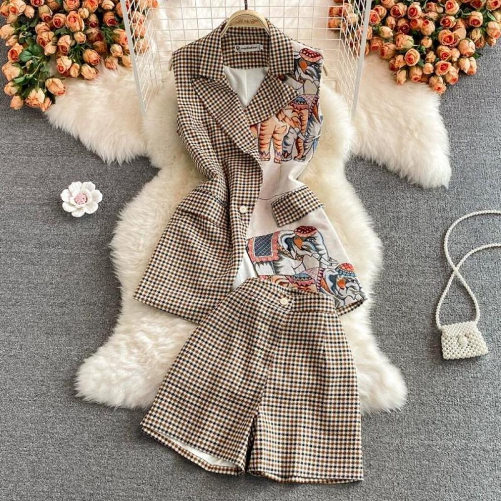 (khaki, XXL) Spring Autumn Women Vintage Print Plaid Designer Runway Outfits Fashion Blazer Coat And Shorts Pant Two Piece Set