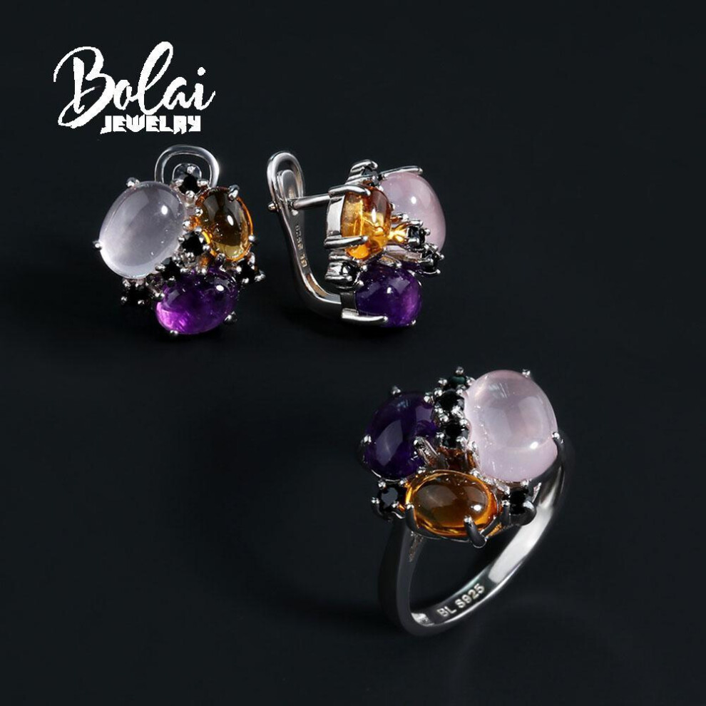 (pink,purple, us ring size 7#) 2023 New Natural Gemstone Citrine Rose Quartz Amethyst Multi-color Ring Earring Jewelry Set Women&apos;s Fine Jewelry 925 Sterling Silver