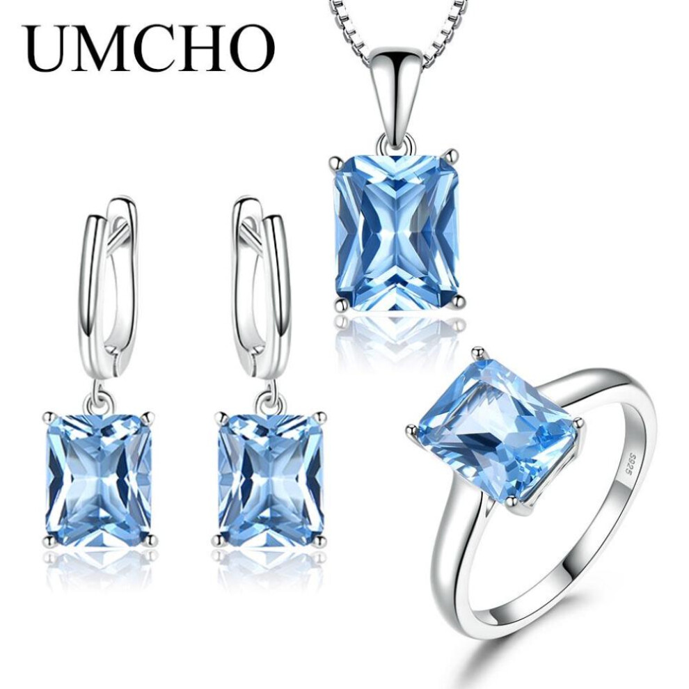 (sky blue, 8) Umcho Sky Blue Topaz Gemstone Wedding Jewelry Sets For Women 925 Sterling Silver Engagement Rings Necklace Pendant Clip Earrings