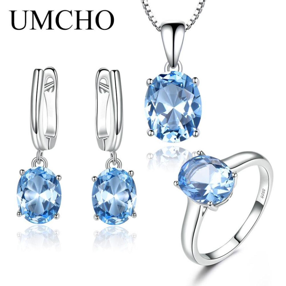 (sky blue, 6) UMCHO Sky Blue Topaz Gemstone Wedding Jewelry Sets for Women 925 Sterling Silver Engagement Rings Necklace Pendant Clip Earrings