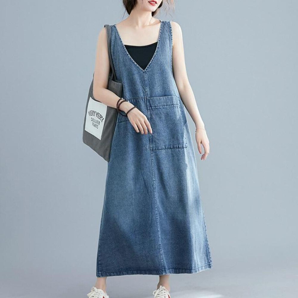(blue, L) Denim Dress Women Plus Size Casual Vintage Sleeveless Big Pockets Loose Retro Jeans Dresses Female V Neck Summer