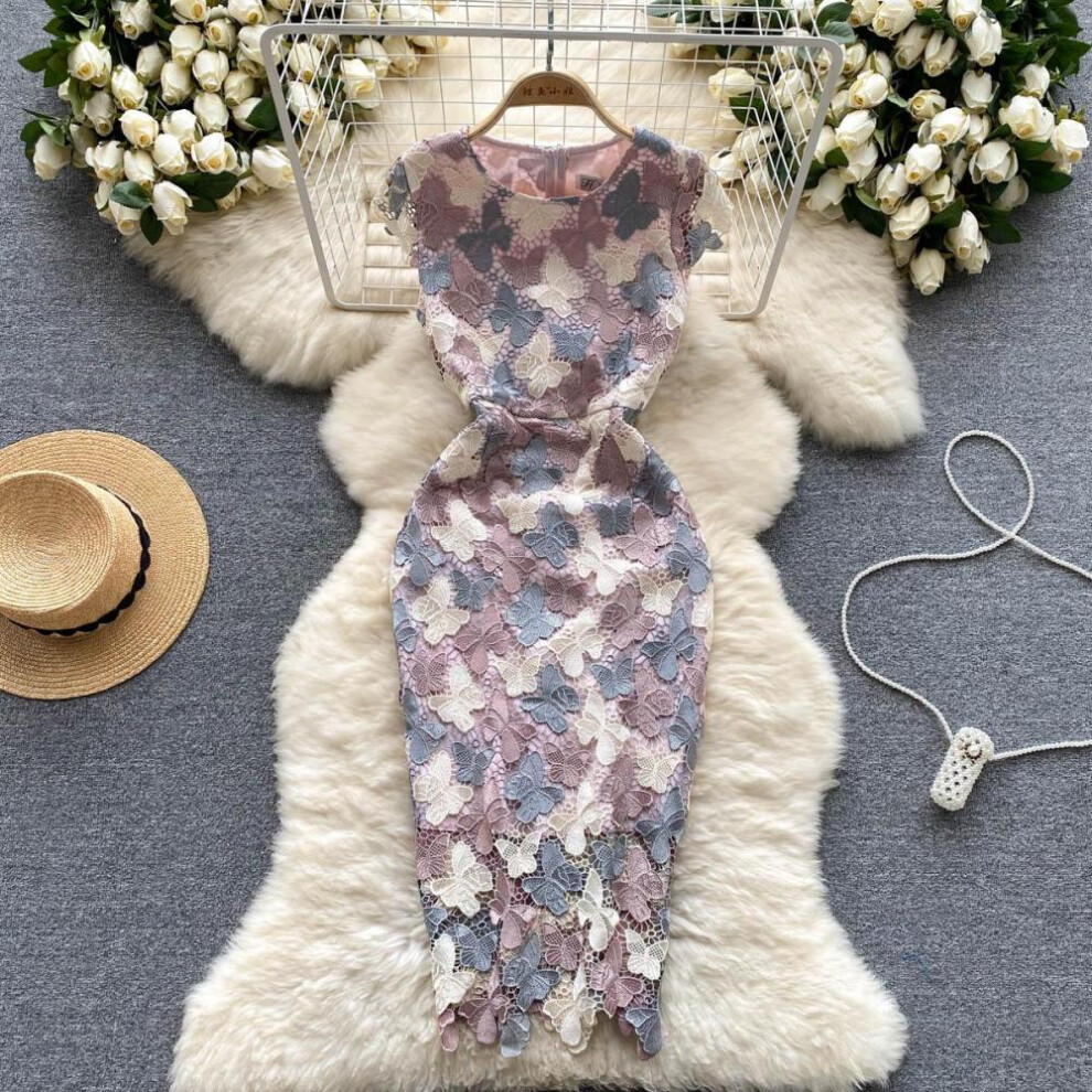 (multicolor, L) Summer French Butterfly Openwork Crocheted Lace Wrap Hip Pencil Dress Women New Fashion Round Neck Slim Elegant Short Sleeve Party Dresses