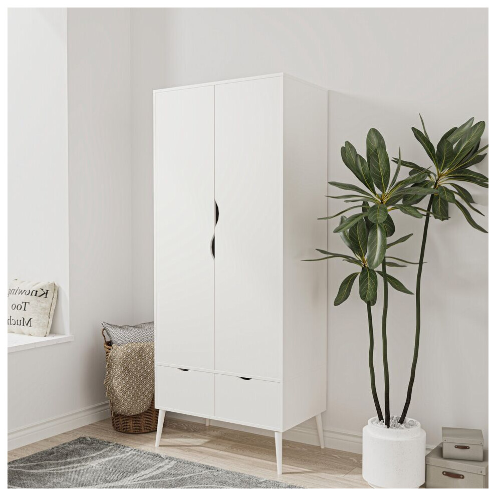 (White) 2 Door 2 Drawer Wardrobe with Scandi Legs Cupboard Hanging Rail 180cm