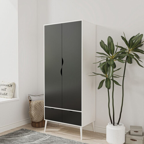 URBN Living (White Black) 2 Door 2 Drawer Wardrobe with Scandi Legs Cupboard Hanging Rail 180cm