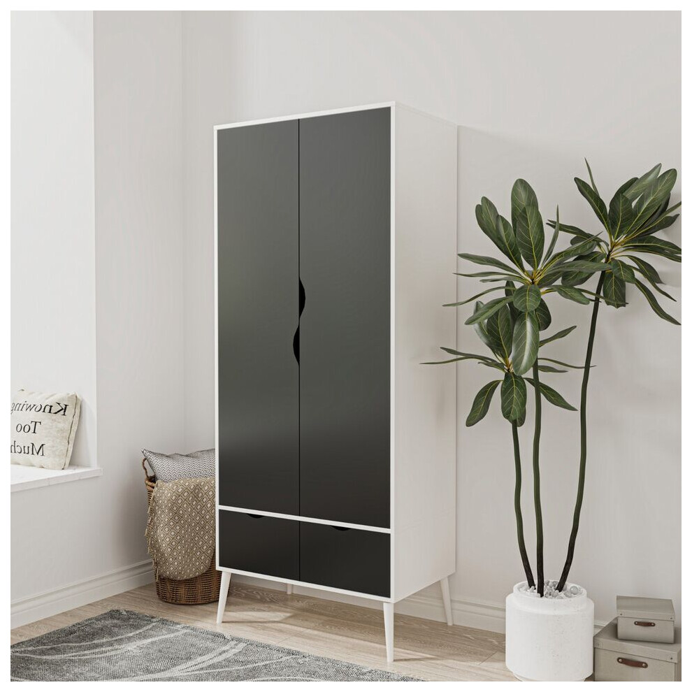 (White Black) 2 Door 2 Drawer Wardrobe with Scandi Legs Cupboard Hanging Rail 180cm