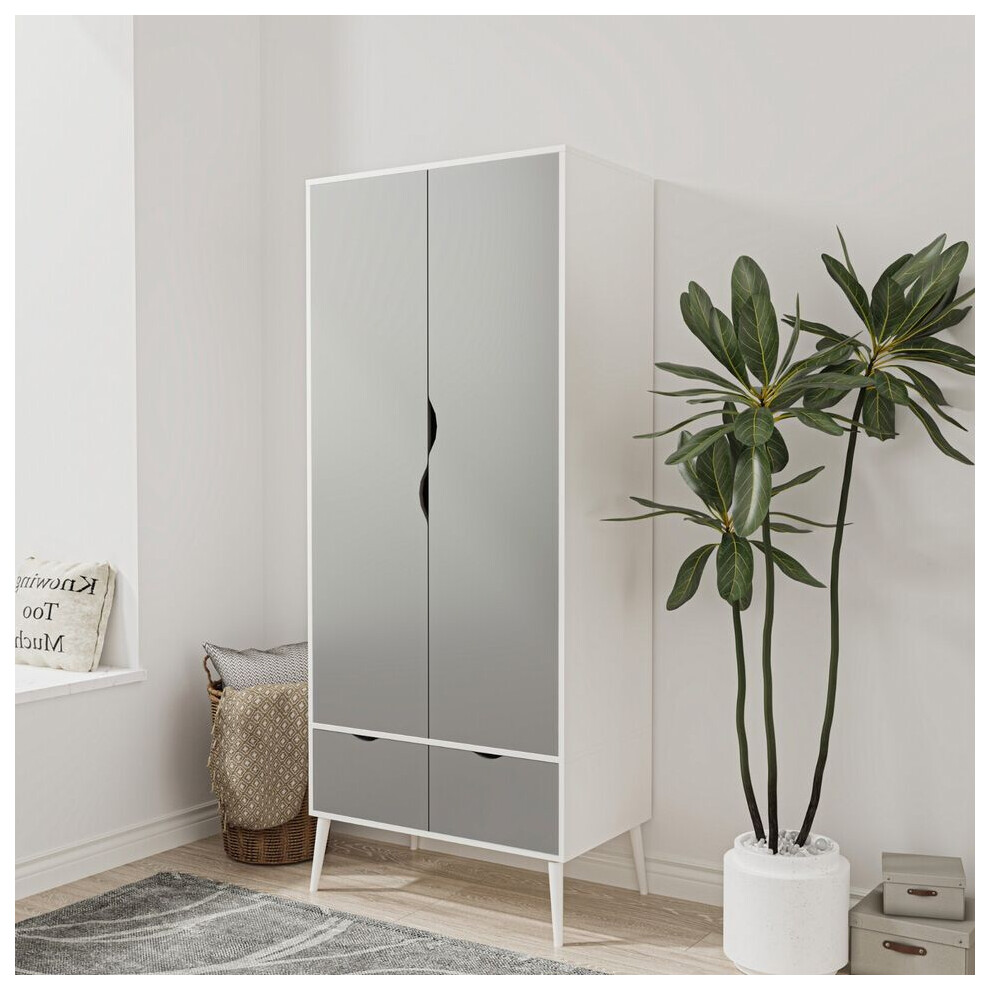 (White Grey) 2 Door 2 Drawer Wardrobe with Scandi Legs Cupboard Hanging Rail 180cm