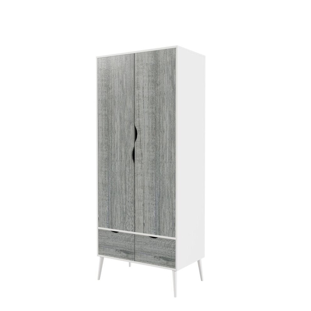 (White Ash Grey) 2 Door 2 Drawer Wardrobe with Scandi Legs Cupboard Hanging Rail 180cm