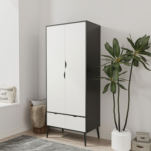 URBN Living (Black White) 2 Door 2 Drawer Wardrobe with Scandi Legs Cupboard Hanging Rail 180cm