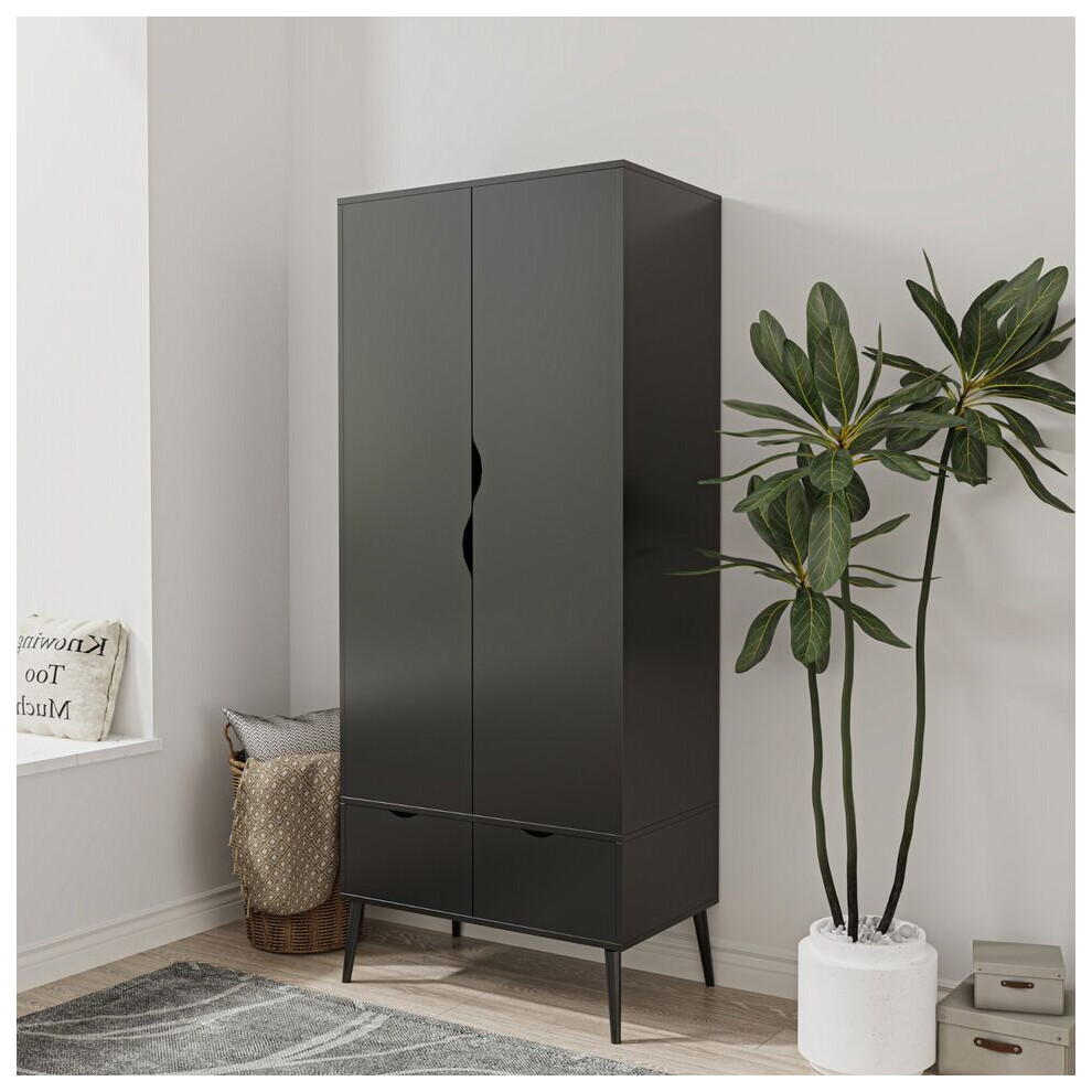 (Black) 2 Door 2 Drawer Wardrobe with Scandi Legs Cupboard Hanging Rail 180cm