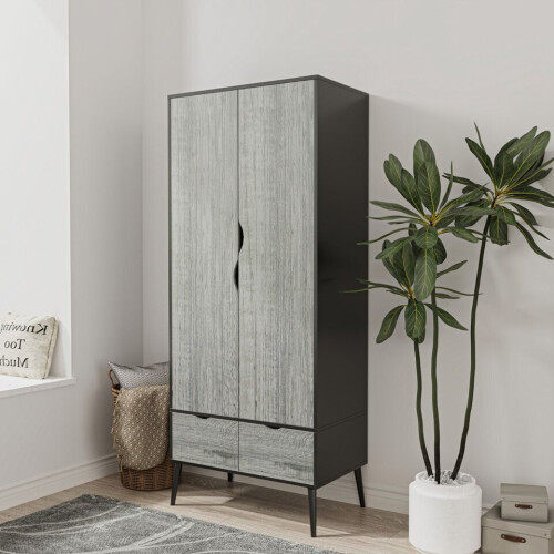 URBN Living (Black Ash Grey) 2 Door 2 Drawer Wardrobe with Scandi Legs Cupboard Hanging Rail 180cm