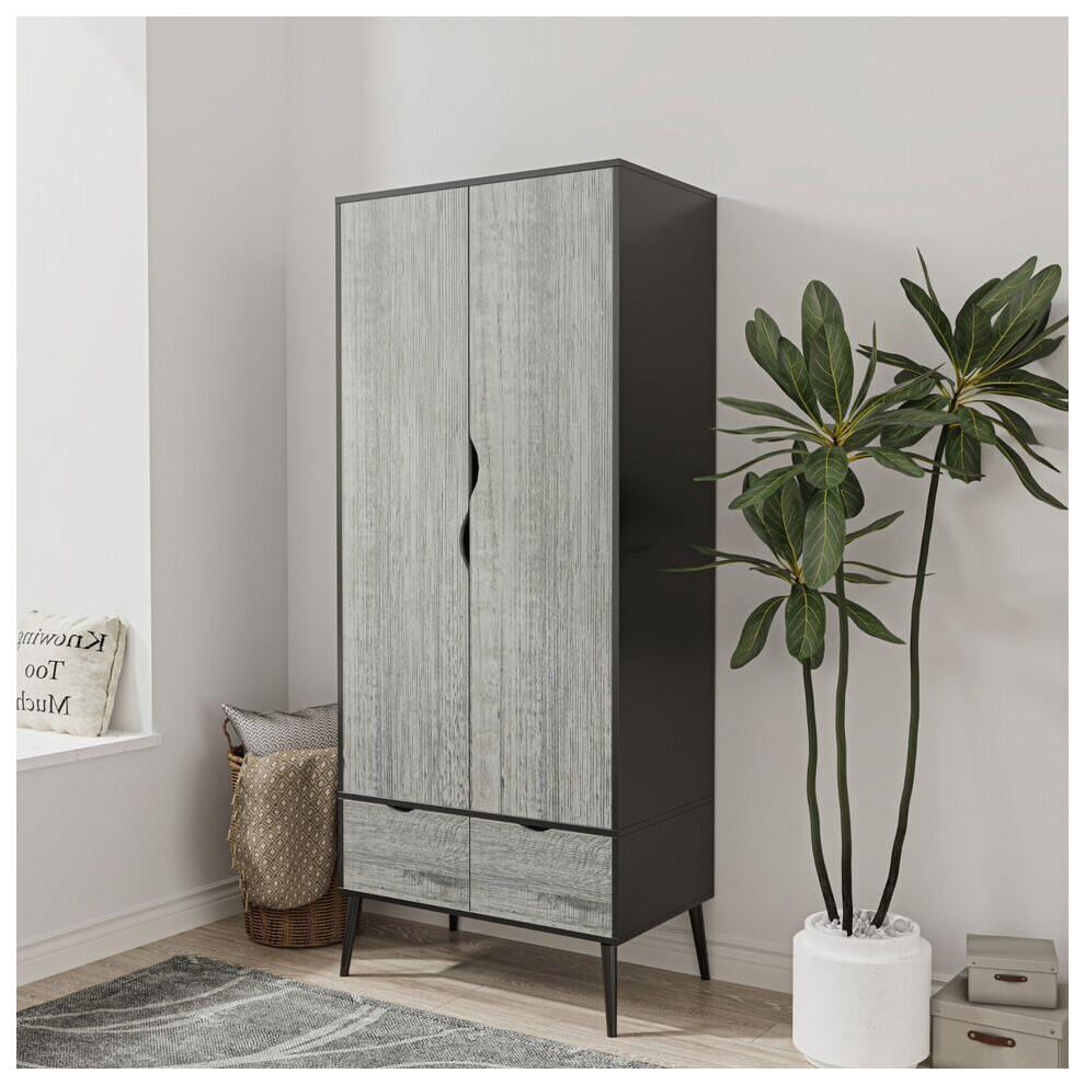 (Black Ash Grey) 2 Door 2 Drawer Wardrobe with Scandi Legs Cupboard Hanging Rail 180cm