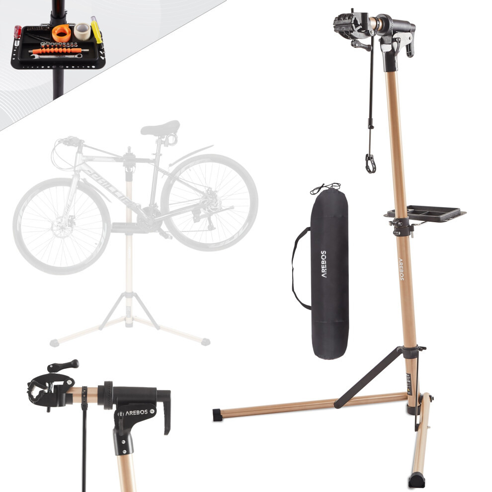 AREBOS Aluminium Bike Repair Stand | Adjustable | Folding | capacity 30kg | 360Â° | Champagne