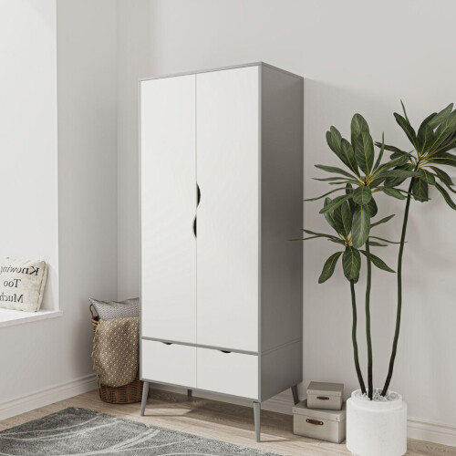 URBN Living (Grey White) 2 Door 2 Drawer Wardrobe with Scandi Legs Cupboard Hanging Rail 180cm