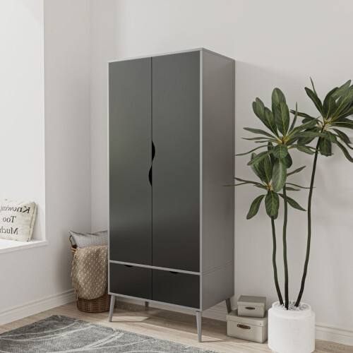 URBN Living (Grey Black) 2 Door 2 Drawer Wardrobe with Scandi Legs Cupboard Hanging Rail 180cm
