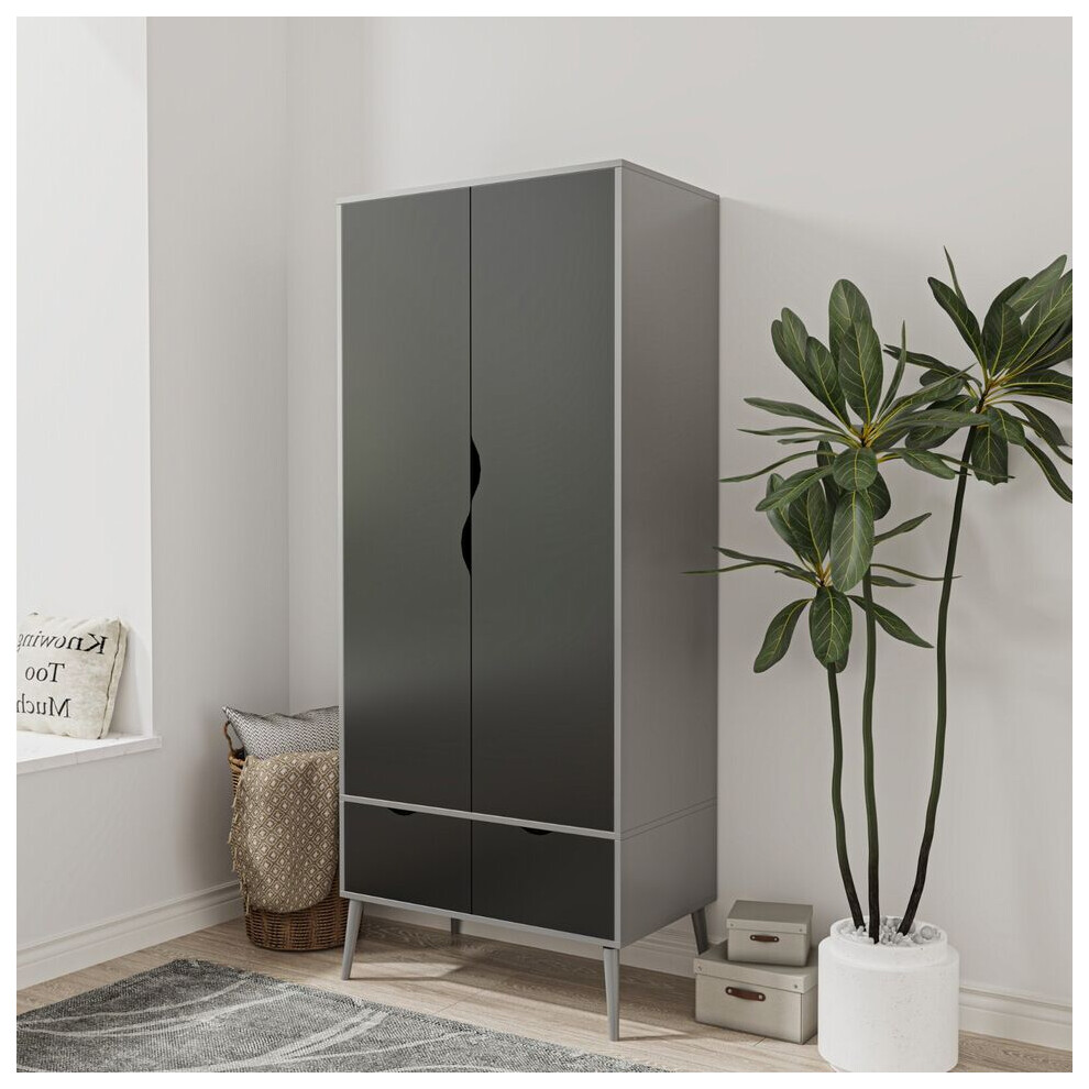 (Grey Black) 2 Door 2 Drawer Wardrobe with Scandi Legs Cupboard Hanging Rail 180cm