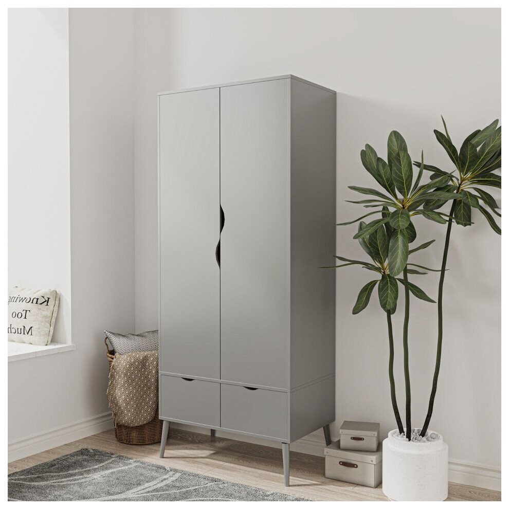 (Grey) 2 Door 2 Drawer Wardrobe with Scandi Legs Cupboard Hanging Rail 180cm