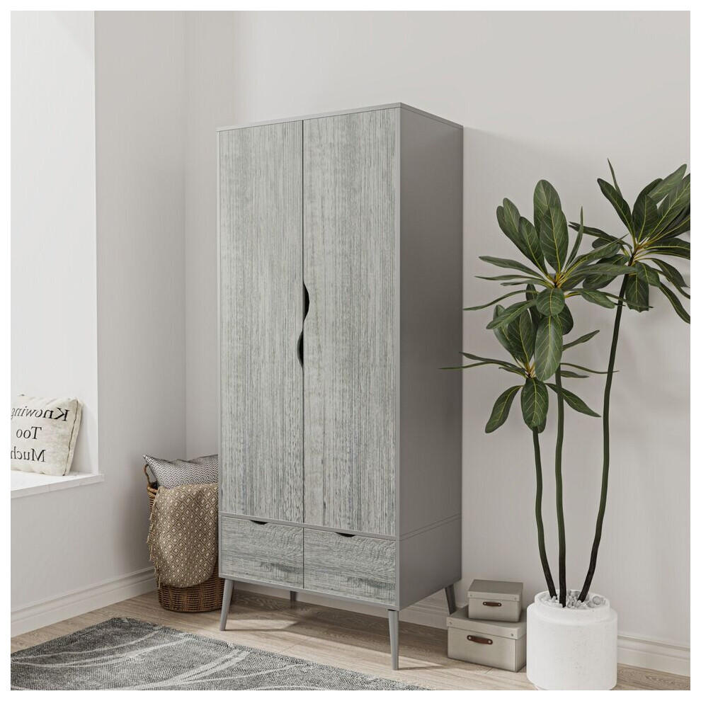 (Grey Ash Grey) 2 Door 2 Drawer Wardrobe with Scandi Legs Cupboard Hanging Rail 180cm